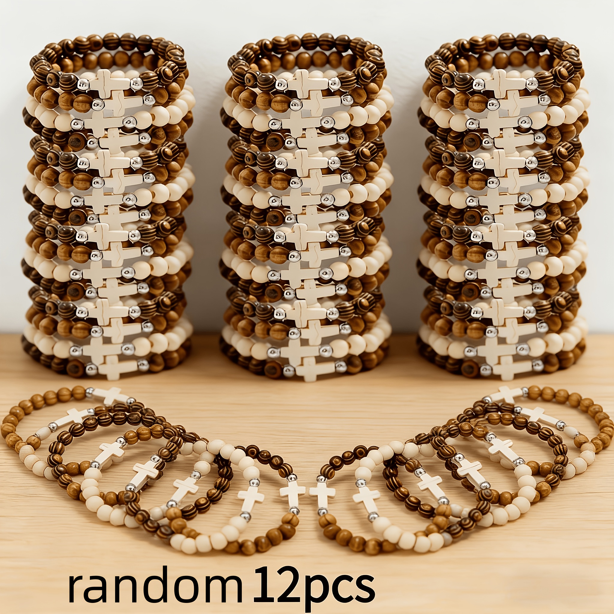 Random 12pcs Ethnic Style Wooden Bead Bracelet Set, Unisex